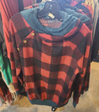 Buffalo plaid hoodie with teal trim