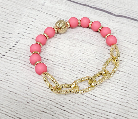 pink beaded gold chain stretchy bracelet