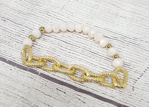 white beaded gold chain stretchy bracelet