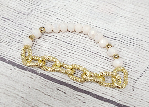 white beaded gold chain stretchy bracelet