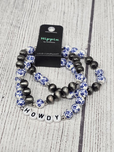 howdy 3 piece stretchy bracelet with blue floral beads