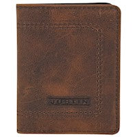 JUSTIN CARD WALLET BROWN PULL UP LEATHER W/STITCHED DETAILS 22125825W2