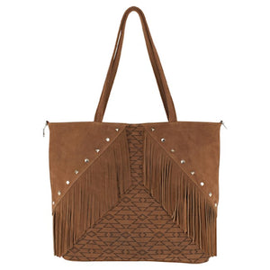 LADIES GENUINE LEATHER TOTE AZTEC PRINT AND CURTAIN FRINGE