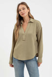 SPLIT NECK LONG SLEEVE EXPOSED SEAM KNIT TOP