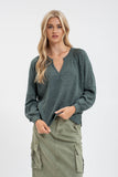 SPLIT NECK LONG EXTENDED SLEEVE RAGLAN KNIT TOP