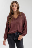 STRIPED DROP SHOULDER V NECK KNIT TOP