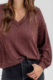 STRIPED DROP SHOULDER V NECK KNIT TOP