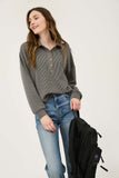 PINSTRIPE COLLARED HALF BUTTON KNIT TOP