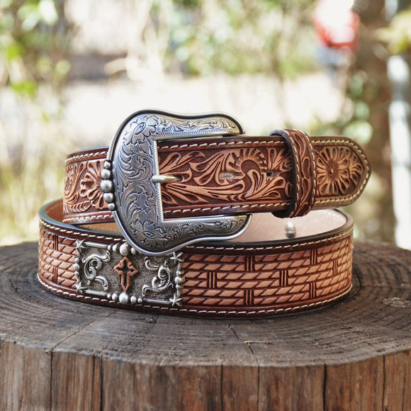 Men’s D100013008 3D Western Belt Mens Floral Tabs Cross Concho Tooled