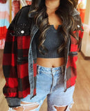 buffalo plaid cord sequin acid wash shacket