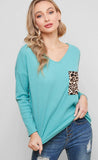 long-sleeve v neck with leopard pocket- mint