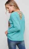 long-sleeve v neck with leopard pocket- mint