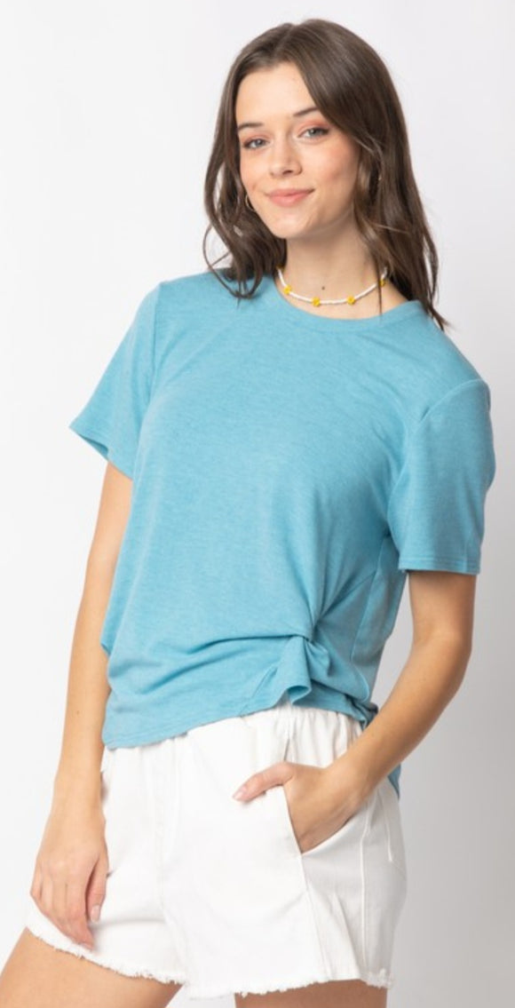 short sleeve twisted hem knit top-blue