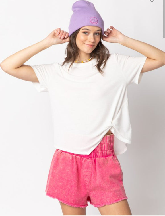 short sleeve twisted hem knit top-white