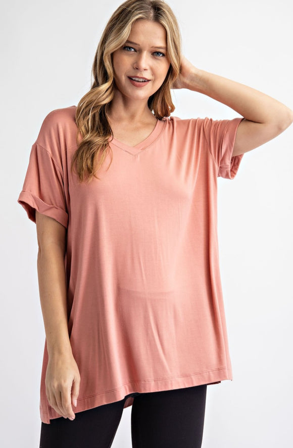 basic short sleeve v neck tee- apricot