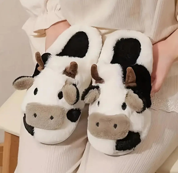 black and white cow slippers