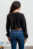 SPLIT NECK PLEATED LONG SLEEVE TOP- black