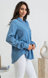 Chambray Tab Sleeve Collared Button Down Chambray Top