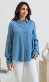 Chambray Tab Sleeve Collared Button Down Chambray Top