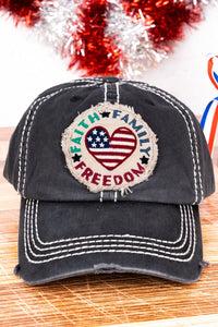 DISTRESSED BLACK 'FAITH FAMILY FREEDOM' FLAG HEART CAP