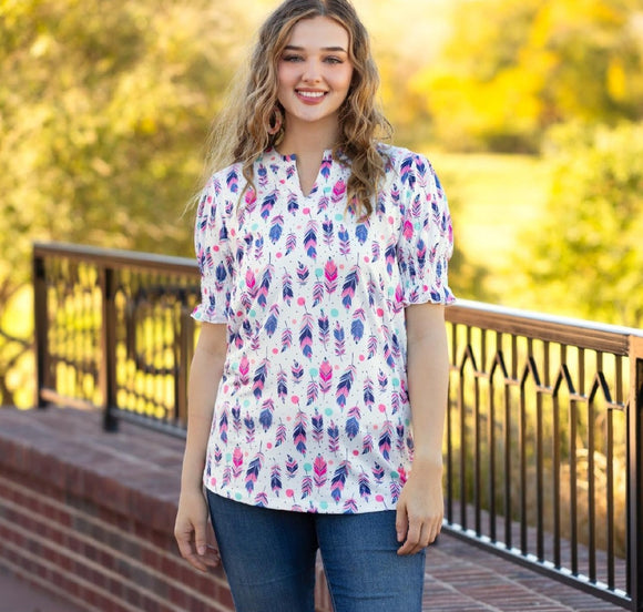 neon feather short sleeve v neck