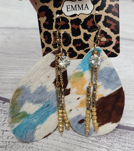 hair on hide dangle earring tye dye pattern with gems