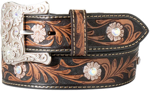 Nocona Ladies Belt 1 1/2" Crystal Floral Hand Tooled Brown