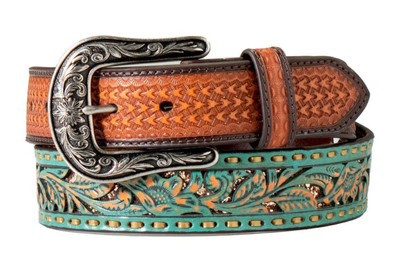 Nocona Western Womens Belt Leather Floral Glitter Underlay Turquoise N320000633