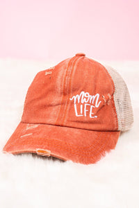 DISTRESSED EARTHY ORANGE 'MOM LIFE' MESH PONYTAIL CAP