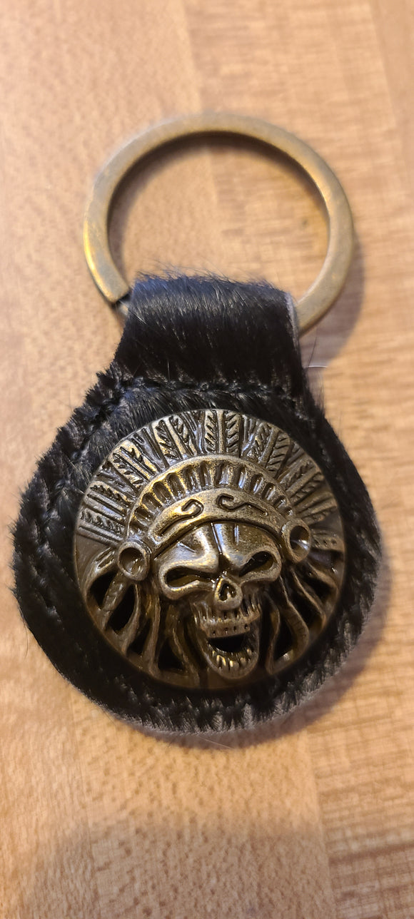 Montana West Real Leather Hair-On Cow-hide Indian Chief Skull Key Fob/Key Chain 1Pcs