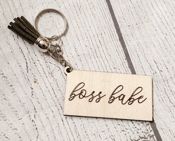 cursive boss babe wood keychain