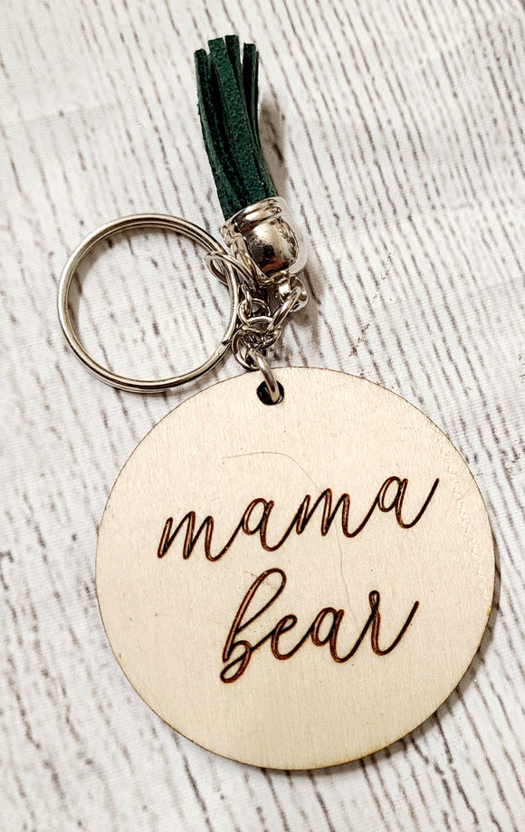 cursive mama bear wood keychain