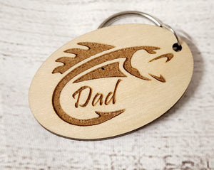 fish and hook "dad" wooden keychain