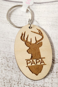 deer head "papa" wooden keychain