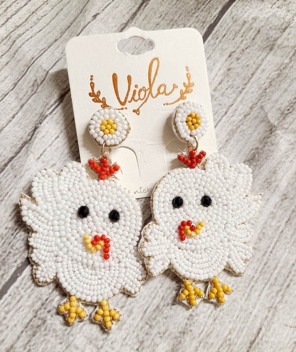 beaded chicken earrings