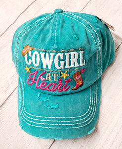 DISTRESSED TEAL 'COWGIRL AT HEART' CAP