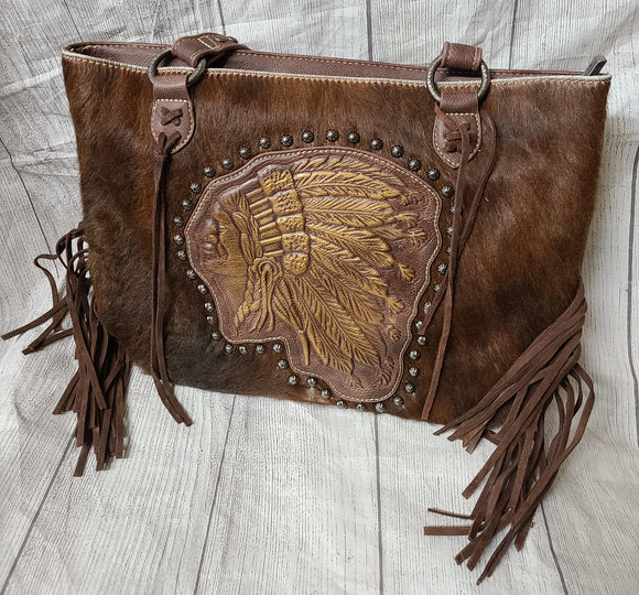 MWT118-H8317 Trinity Ranch Hair-On Cowhide Indian Chief Collection Concealed Carry Tote