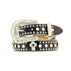 Nocona N4425001-18 Youth Croc Belt with Rhinestone Cross Bling, Black