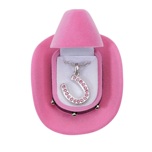 pink jn143- HORSESHOES NECKLACE W/COLORFUL COWBOY HAT BOX