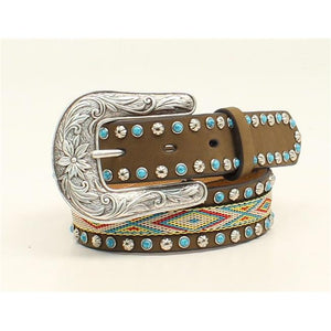 Nocona N4435244-26 1.25 in. Western Ribbon Inlay Turquoise Stones Belt, Medium Brown 