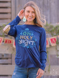 OH HOLY NIGHT GRAPHIC ON NAVY LONGSLEEVE WITH SEQUIN ELBOW PATCH