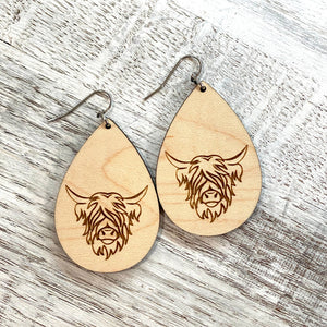 highlander cow wood tear drop earring