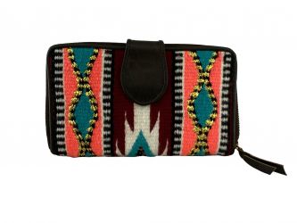 Genuine Leather 100% Wool Turquoise, Coral, & Burgundy design Saddle Blanket Wallet.