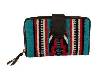 Genuine Leather 100% Wool Teal and red design Saddle Blanket Wallet.