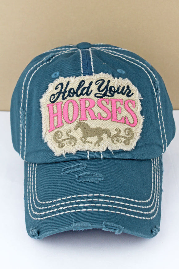 DISTRESSED BLUE 'HOLD YOUR HORSES' CAP