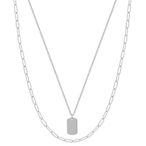 Matte Silver Layered Chain and Rectangle Charm 16"-18" Necklace