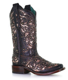 Corral Ladies Embroidery & Stud Black & Honey Square Toe Boots A4127