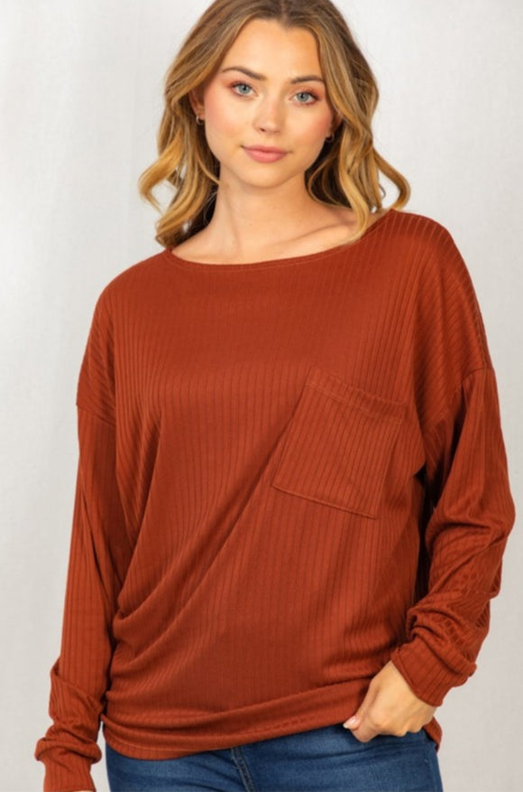 brick long sleeve knit top