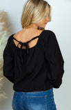 black long sleeve button front with tie back shirt