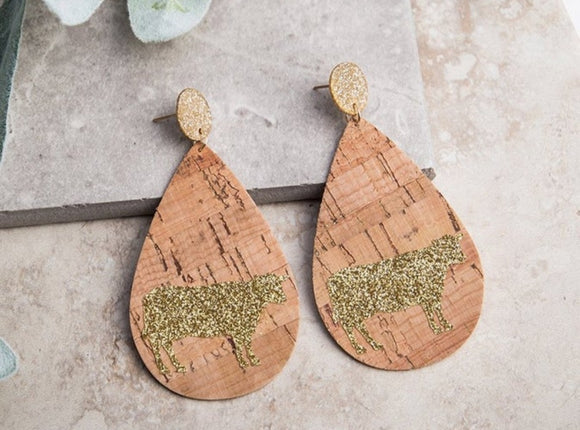 cork dangle earrings with glitter cow